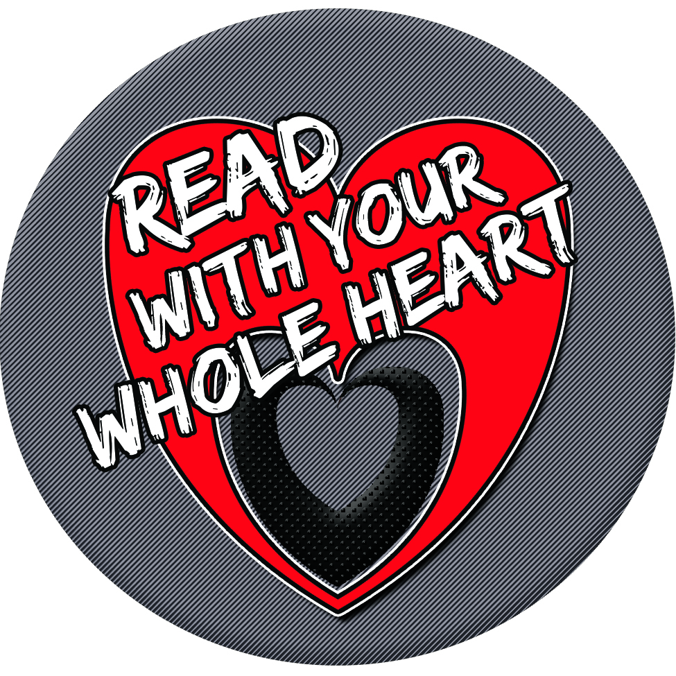 A black and white striped circle with a red heart and Read With Your Whole Heart across it
