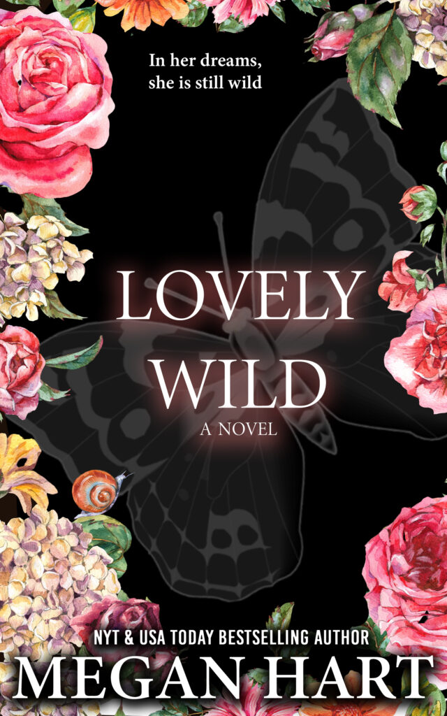 A dark background with pink flowers in the border and a translucent butterfly in the center