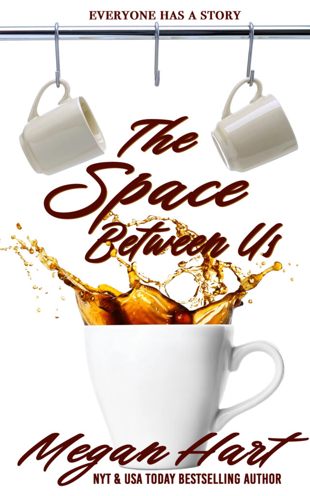 two coffee mugs on a rack with a full coffee mug splashing coffee below